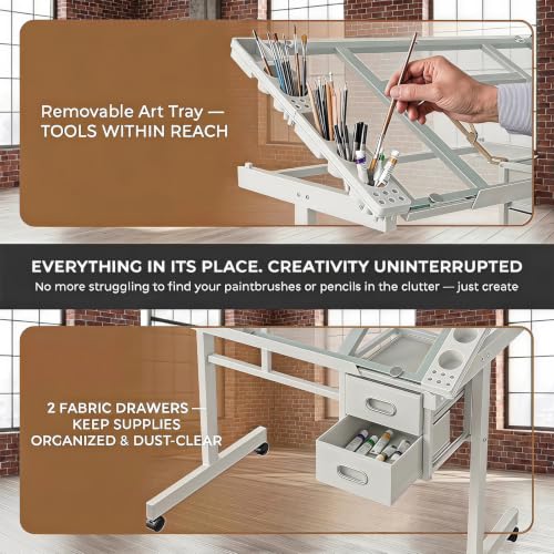 Adjustable Glass Top Drawing Table with Storage Drawers & Wheels