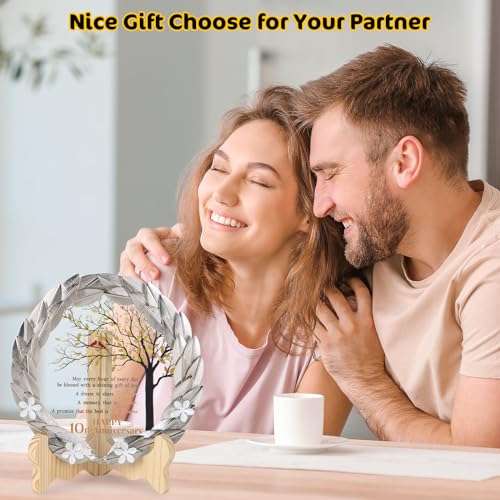 10th Anniversary Wedding Gift Crystal Plaque with Golden Metal Wreath