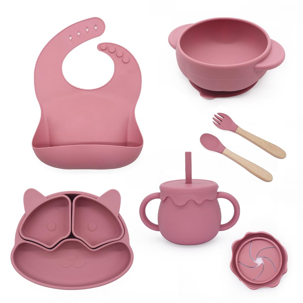 Baby Feeding Essentials, Baby Led Weaning Supplies, Silicone Baby Feeding Set, with Baby Spoon, Fork, Baby Bib, Sippy Cup, Suction Plate, Suction Bowl, Baby Eating Essentials, 6+ Months (Dark Pink)