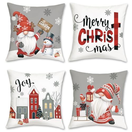 Christmas Gnomes Snowflakes Grey Throw Pillow Covers Set of 4 - 18x18 Inch Holiday Decor