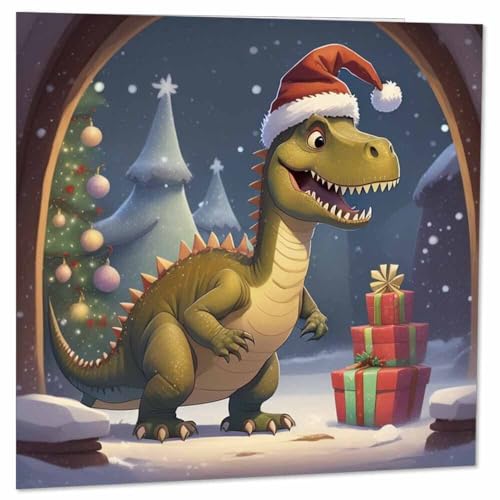 Christmas Card with Cute Kids Dinosaur T-Rex - Festive Holiday Greeting Card 145x145mm