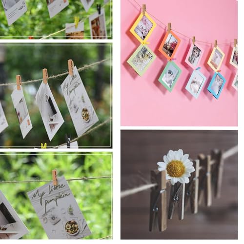 100 Mini Wooden Clothes Pins for Photos with 328ft Jute Twine Set
