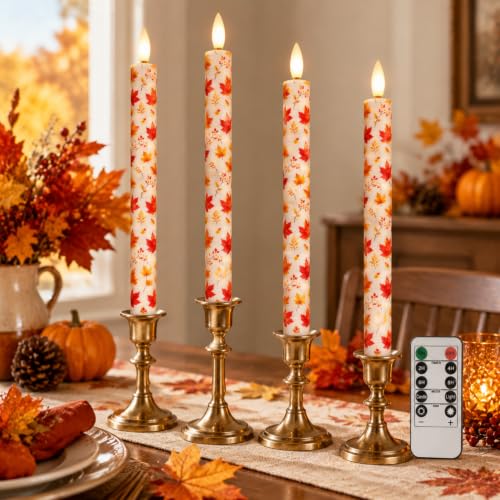 Maple Leaf Flameless Taper Candles with Remote Control - 4 Pack 10 Inch LED Autumn Decor - Variation T-FC-UP4TMB-LEAF