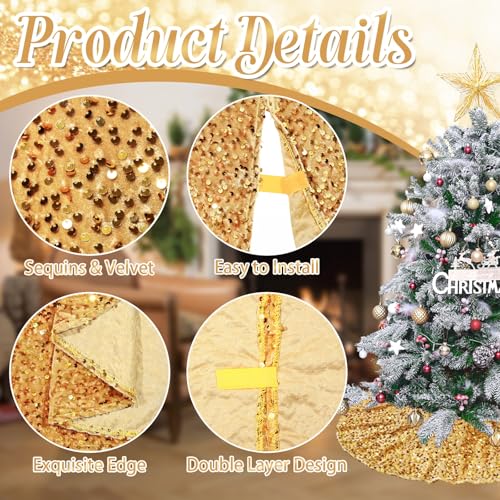 Gold Sequin Velvet Mini Christmas Tree Skirt - 24 Inch Xmas Tree Mat