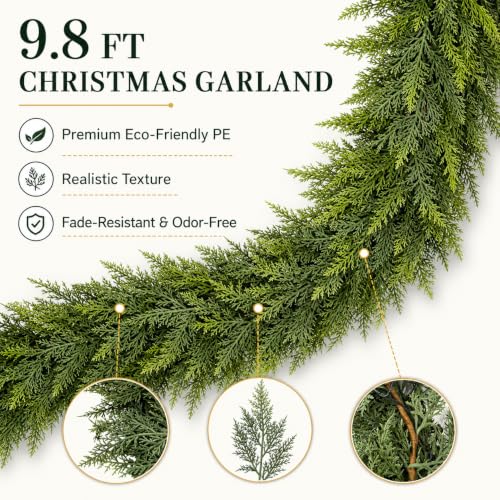ICX 2Pcs 9.8FT Pre-Lit Cedar Garland with LEDs, Outdoor/Indoor Christmas Decor