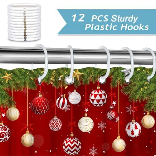 Red Christmas Shower Curtain 72x72 Inches Waterproof Fabric with Hooks