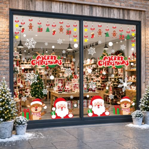 Christmas Window Clings Static Decals Set - Santa Snowflake Reindeer, 6 Sheets
