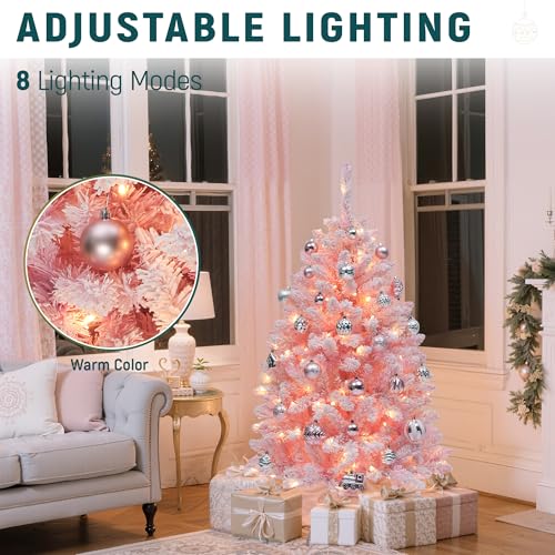 YITAHOME 4.5 ft Pink Flocked Christmas Tree with Warm-White Lights - Adjustable 8 Modes, Full Lush Design, Stable Base