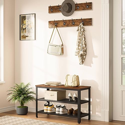 Entryway Hall Tree with Storage Bench and 9 Coat Hooks - Rustic Brown