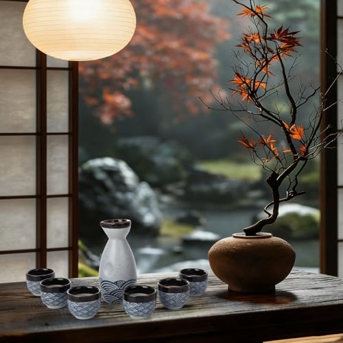 Japanese Porcelain Sake Set with 1 Bottle, 6 Cups & 6 Chopsticks - Blue Wave Pattern