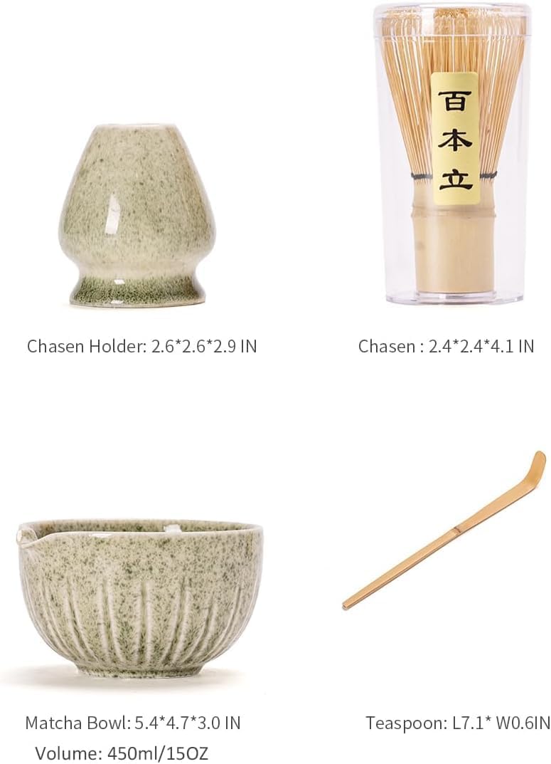 TANG PIN Matcha Set - 4pc Matcha Whisk Kit with Bowl, Whisk, Scoop & Stand | Mottled Green, 15 OZ