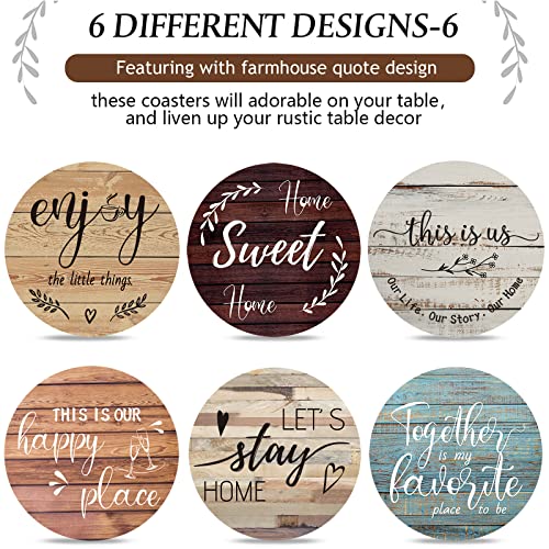 Queekay Farmhouse Coasters Set of 6 with Holder - Rustic New Home Gift, Mixed Design