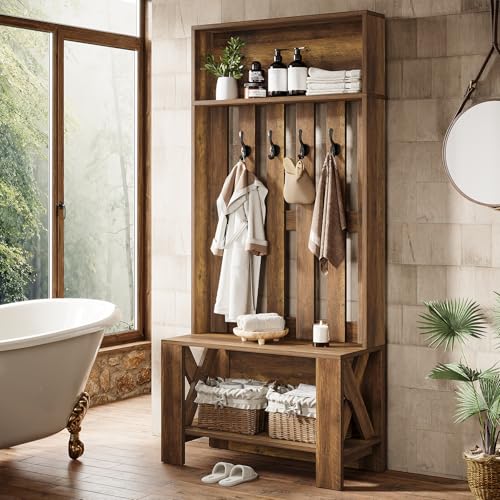 Rustic Hall Tree with Shoe Bench and Coat Hooks, 71-inch Entryway Organizer