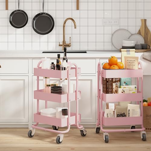 3-Tier Pink Metal Rolling Utility Cart with Wheels - 13.4" x 18.1" x 31"