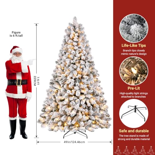 White 7.5ft Snow Flocked Artificial Christmas Tree with Warm Lights & Hinged Design