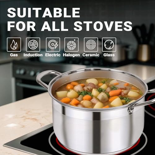 8-Quart Stainless Steel Stock Pot with Glass Lid - 5-Layer Induction Base