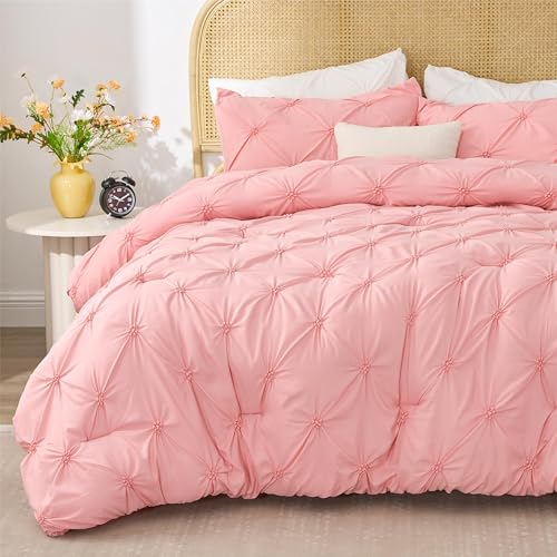 Pink Queen Comforter Set - Soft Pintuck Bedding with 2 Pillowcases