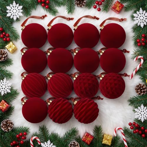 Minetom Burgundy Velvet Christmas Ornaments 15 Pcs – 3.15 inch assorted shapes
