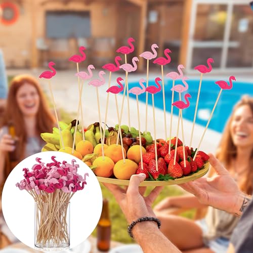 JtmyAota Flamingo Cocktail Picks - 100 Natural Bamboo Party Toothpicks