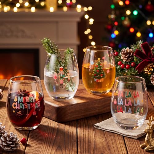 Potchen 4-Pack Pink Nutcracker Stemless Wine Glasses 18oz Christmas Decor