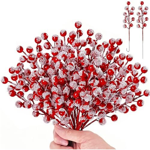 50pcs Christmas Tree Decoration, 8 Inch Snowy Red Artificial Berry Stems Branches, Christmas Berries Picks Berry Branches for Christmas Trees Ornaments Holly Tree Decor