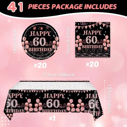Black Gold 60th Birthday Party Plates and Napkins Set for Women - Vintage Rose Gold Celebration Tableware, 41 Pieces for 20 Guests