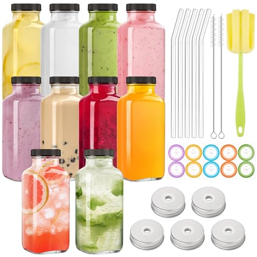 TUZAZO Glass Juice Bottles with Lids - 12oz Reusable Clear Drink Containers (10 Pack)