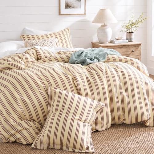 Queen Brown Striped Duvet Cover Set - Soft Brushed Microfiber Bedding