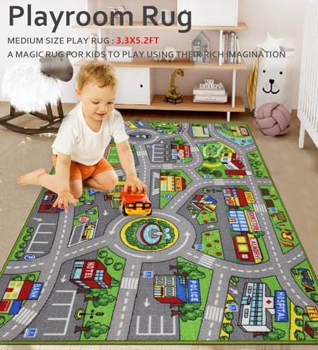 City Life Kids Playmat Rug - 3'3" x 5'2" Washable Traffic Road Area Rug