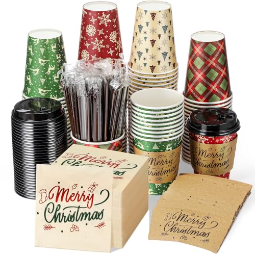 Hushee 100 Set 12 oz Christmas Disposable Coffee Cups with Black Lids