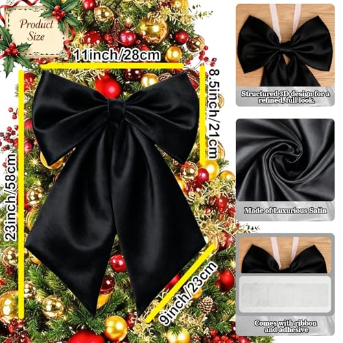 Froova 3-Pack 23x11 in Black Satin Bows for Wedding, Decor & Crib, Reusable