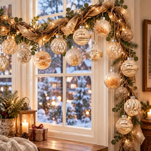 Hollowfly 28 Pcs Burlap Christmas Ornaments - Cute Style Farmhouse Rustic Ball Decor