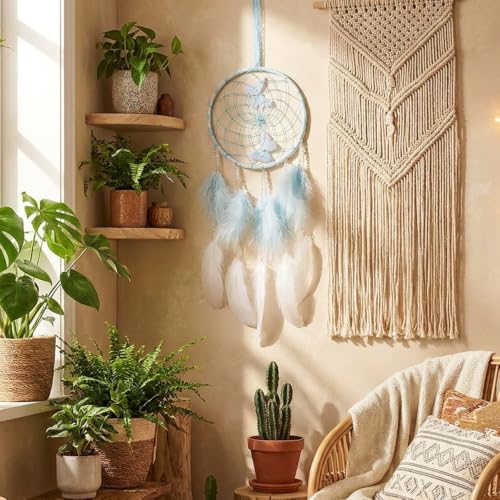 Handmade Blue Butterfly Dream Catcher with Feathers for Wall Decor