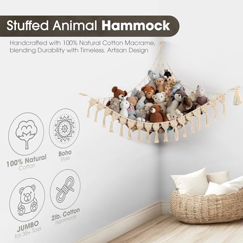 Extra Large Macrame Stuffed Animal Hammock with LED Lights, Cotton Toy Net