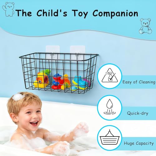 Hanging Metal Bath Toy Storage Basket with Adhesive Hooks - 2 Pack