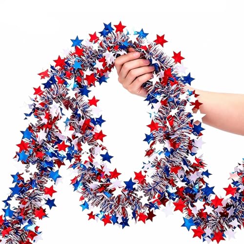 Patriotic Red White & Blue Star Tinsel Garland - 52.5ft 4th of July Decor