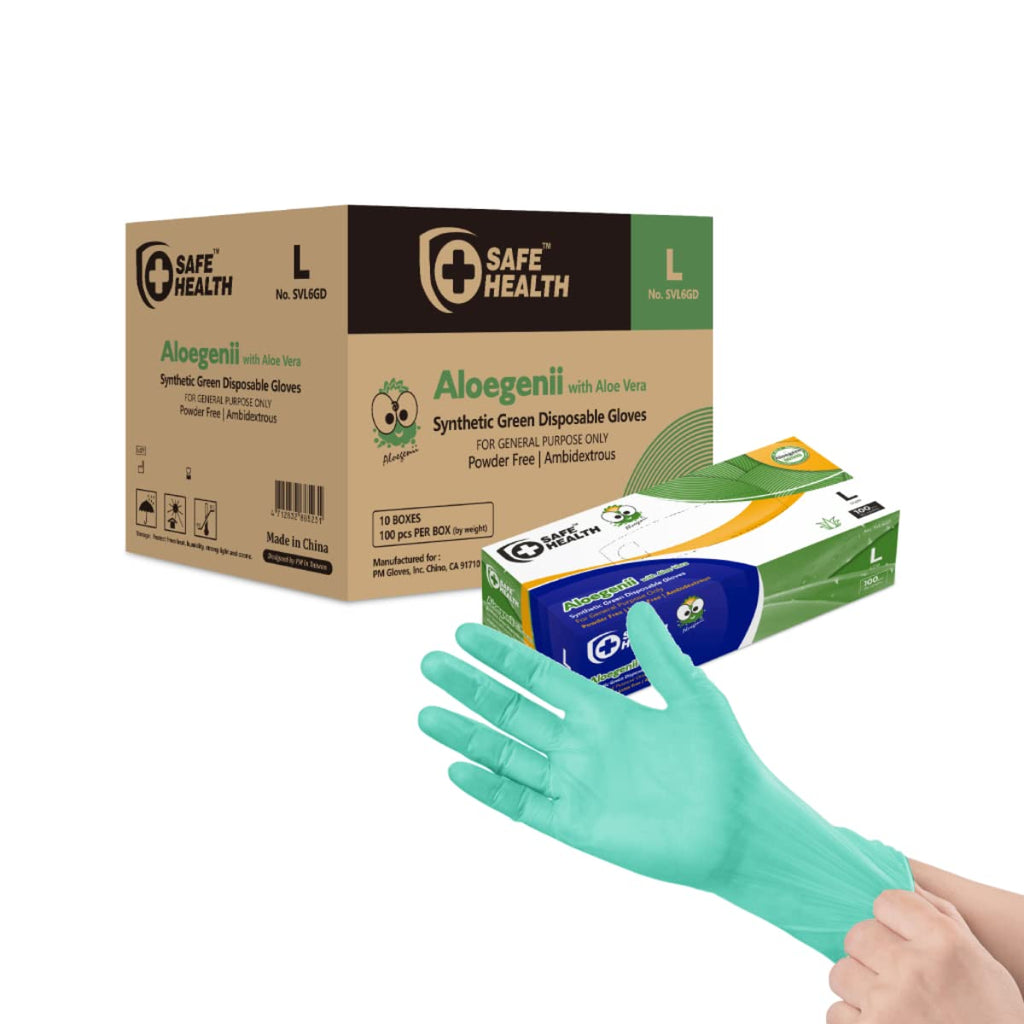 Safe Health Aloegenii HD Green Vinyl Disposable Gloves, Aloe Vera Coated, 5.5 mil, Case of 1000, Large, Latex Free, Powder Free, Cleaning, Food Service, Office, Janitorial