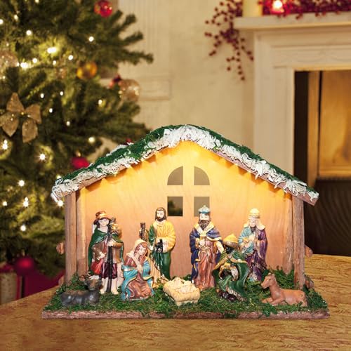 Lighted Christmas Nativity Set with Wooden Stable - 10 Piece Tabletop Decor
