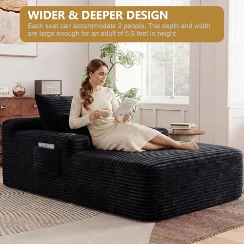 65" Oversized Corduroy Chaise Lounge Chair with Cup Holders, Black