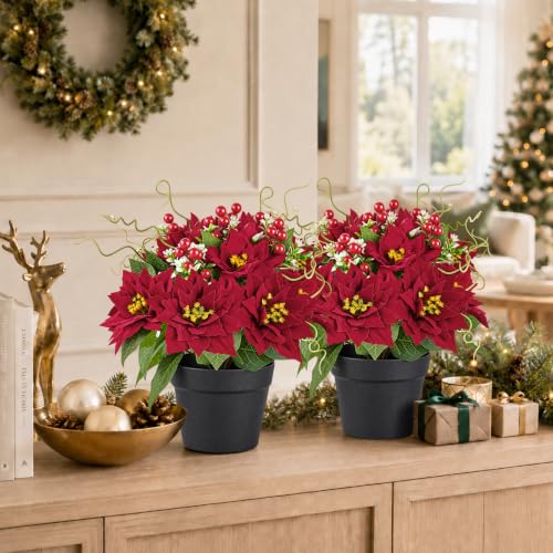 Red Artificial Poinsettia Plants in Pot, 15-Inch Fake Christmas Flowers, 2 Pack