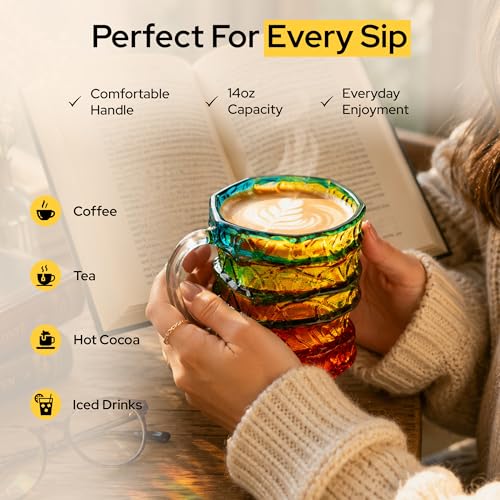 3D Stained Glass Book Mug 14oz – Thick Glass Coffee Tea Cup with Stacked Books Design