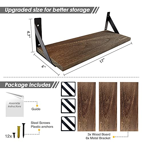 Rustic Floating Wall Shelves - 17 Inch Wood Bookshelf Set of 3