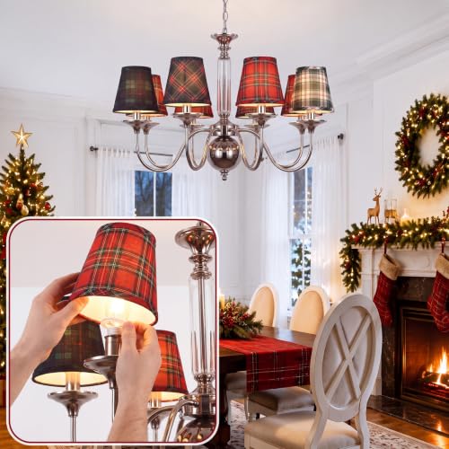 Fumete 6-Pack Christmas Tartan Plaid Clip-On Fabric Lamp Shades