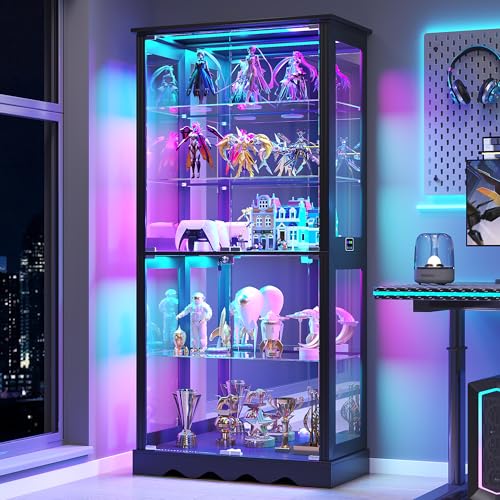 71" Tall Glass Display Cabinet with RGB Motion Sensor LED Lighting, Black