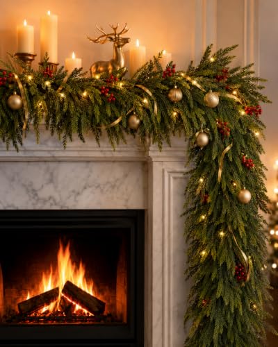 9Ft Norfolk Pine Garland for Mantle & Holiday Decor - Winter Wreath, Indoor & Outdoor