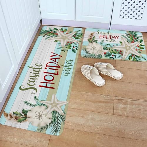 Carosoffe Coastal Christmas Kitchen Rugs 2 Pack, Non-Slip Absorbent Mat Set, 18x30 & 18x47 Inches, Seaside Holiday Decor