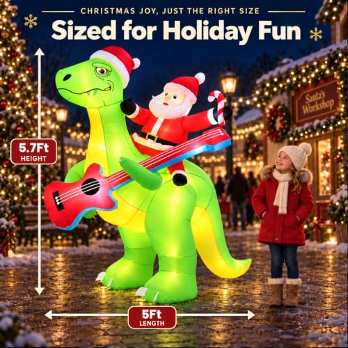 Moerge 5.7ft Santa Riding Dinosaur Inflatable with 8 LED Lights - Outdoor Christmas Decor