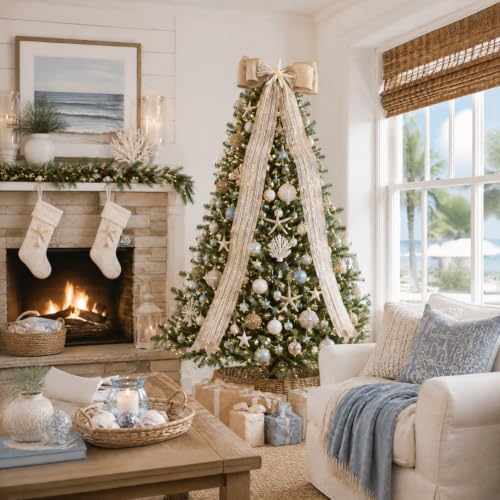 Dingion Giant Coastal Christmas Tree Topper Bow with Burlap & Starfish, 20 x 47 inches
