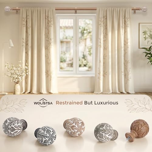 Boho Rustic Curtain Rod 36-91 Inch - Heavy Duty 1 Inch Rod with Leaf Finials