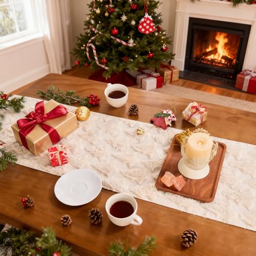 Mostop Cream Tree Christmas Table Runner 13x72 Inch Faux Fur Holiday Decor
